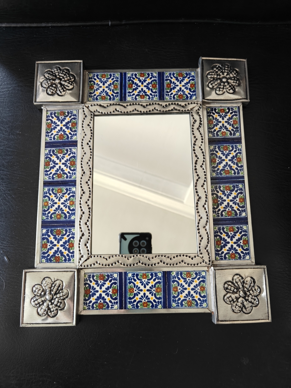 Handcrafted Vtg Mexican Punch Tin And Talavera Blue Floral Tile Mirror